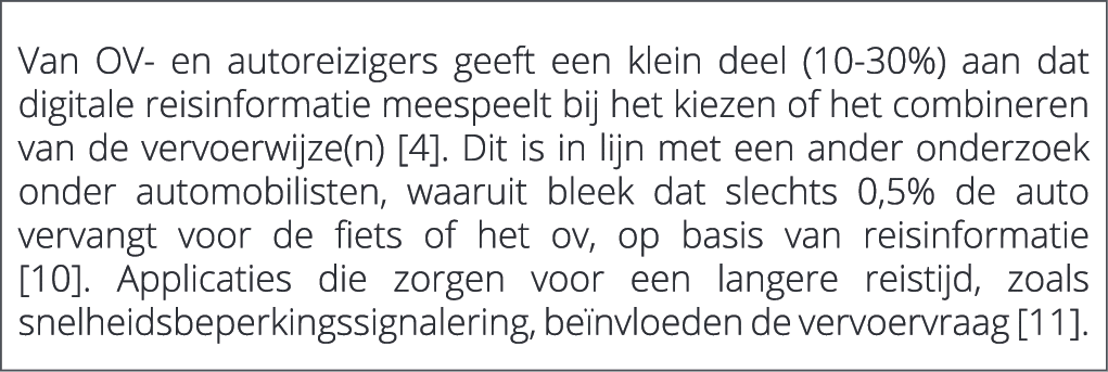  Van OV en autoreizigers geeft een klein deel (10 30%) aan dat digitale reisinformatie meespeelt bij het kiezen of he...