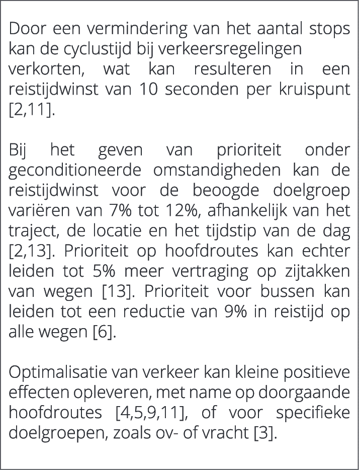  Door een vermindering van het aantal stops kan de cyclustijd bij verkeersregelingen verkorten, wat kan resulteren in...