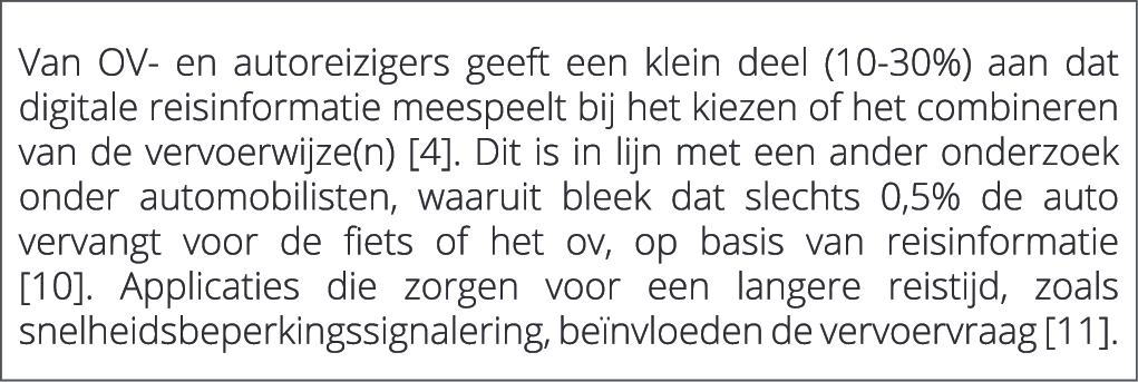  Van OV en autoreizigers geeft een klein deel (10 30%) aan dat digitale reisinformatie meespeelt bij het kiezen of he...