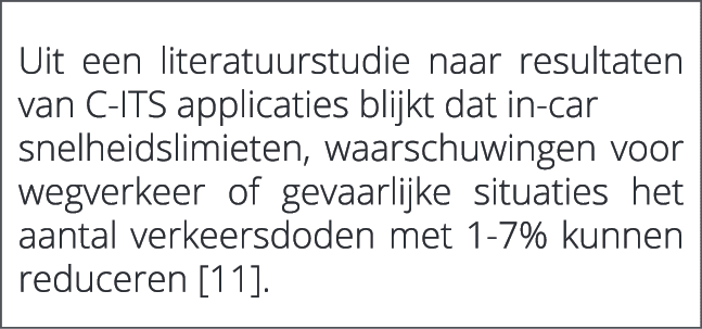 Uit een literatuurstudie naar resultaten van C ITS applicaties blijkt dat in car snelheidslimieten, waarschuwingen v...