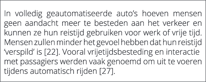  In volledig geautomatiseerde auto’s hoeven mensen geen aandacht meer te besteden aan het verkeer en kunnen ze hun re...