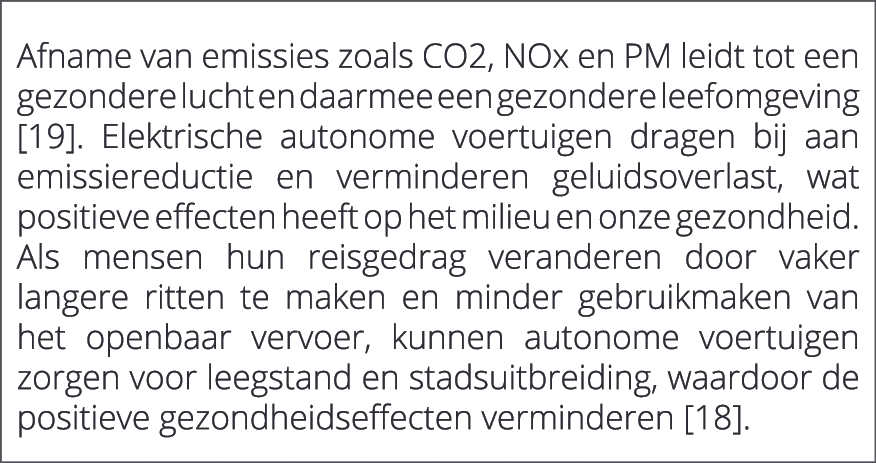  Afname van emissies zoals CO2, NOx en PM leidt tot een gezondere lucht en daarmee een gezondere leefomgeving [19]. E...