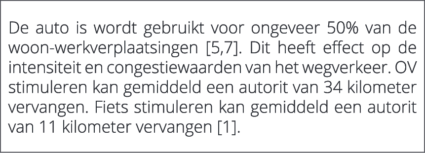  De auto is wordt gebruikt voor ongeveer 50% van de woon werkverplaatsingen [5,7]. Dit heeft effect op de intensiteit...